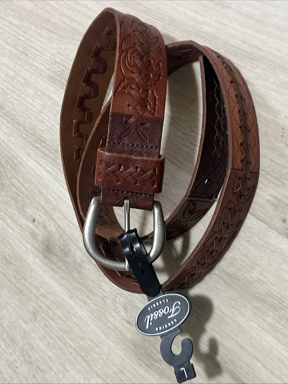 Fossil Woven  Brown Faux Leather Belt with Silver Buckle
